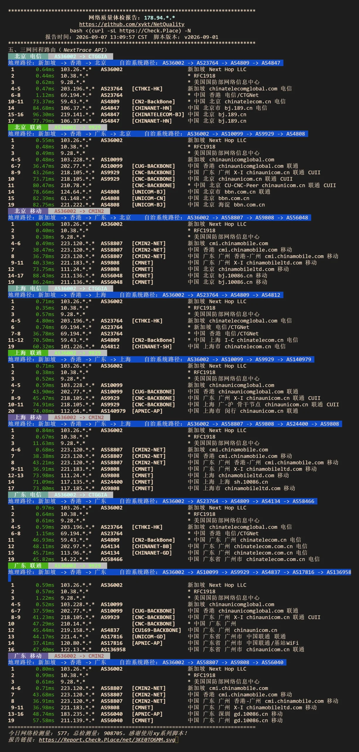 NodeQuality 回程路由